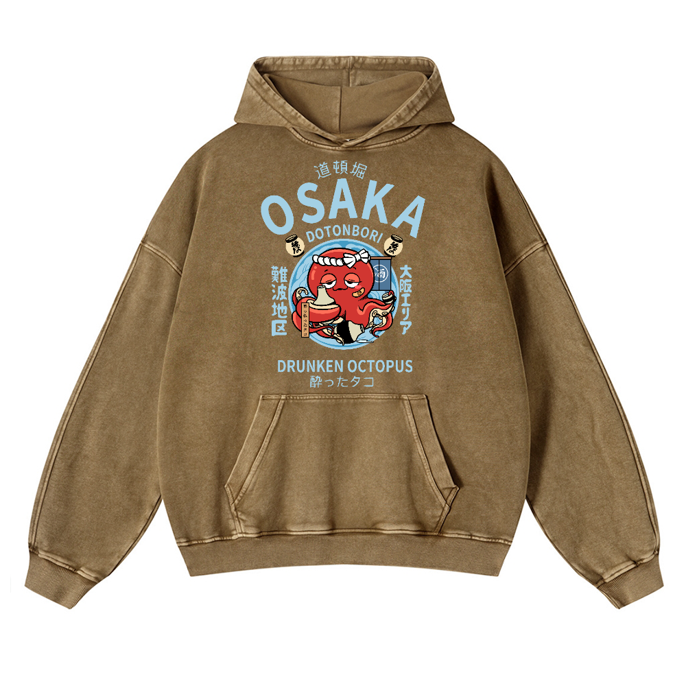 Osaka Dotonbori Drunken Octopus Vintage Washed Thick Cotton Hoodie