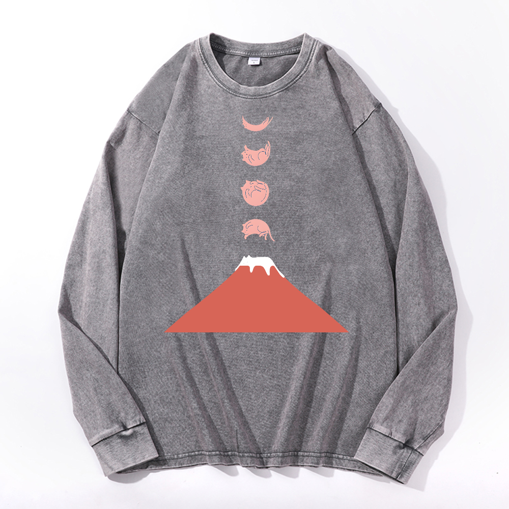 Fuji Cat Vintage Cotton Wash Crewneck Long-Sleeve T-Shirt
