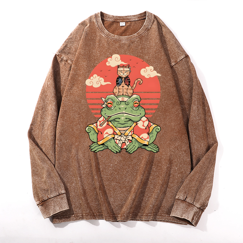 Cat Vintage Cotton Wash Crewneck Long-Sleeve T-Shirt