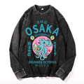 Osaka Dotonbori Drunken Octopus Vintage Cotton Wash Crewneck Long-Sleeve T-Shirt