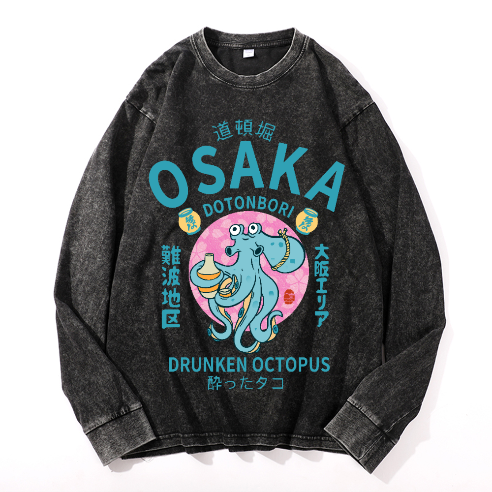 Osaka Dotonbori Drunken Octopus Vintage Cotton Wash Crewneck Long-Sleeve T-Shirt
