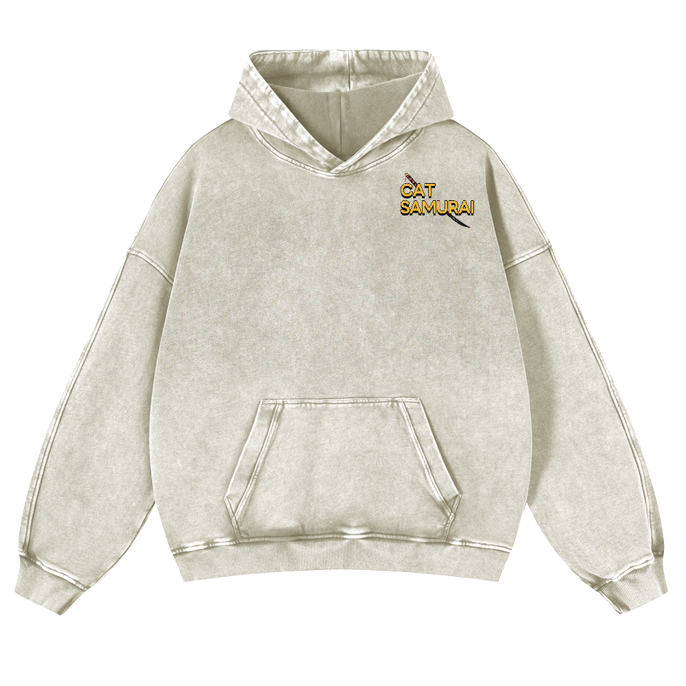 Cat Samurai Vintage Washed Cotton Back Art Hoodie