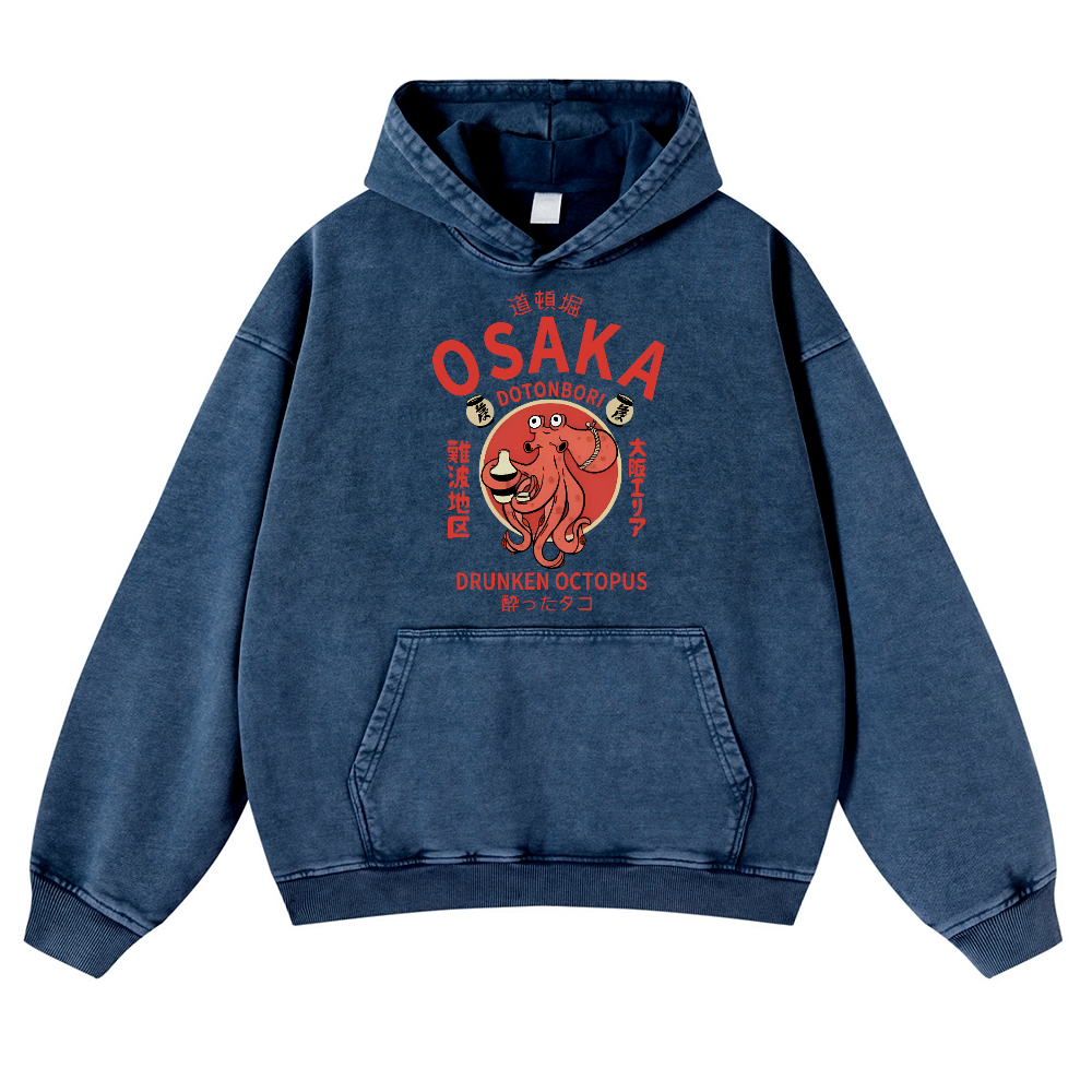 Osaka Dotonbori Drunken Octopus Vintage Washed Thick Cotton Hoodie