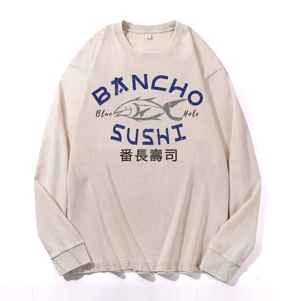 Bancho Sushi Vintage Cotton Wash Crewneck Long-Sleeve T-Shirt