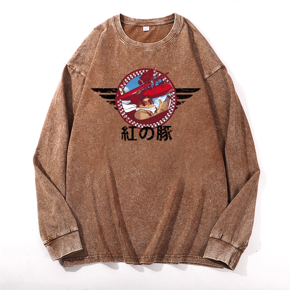 Ghibli Porco Rosso Vintage Cotton Wash Long-sleeve T-shirt