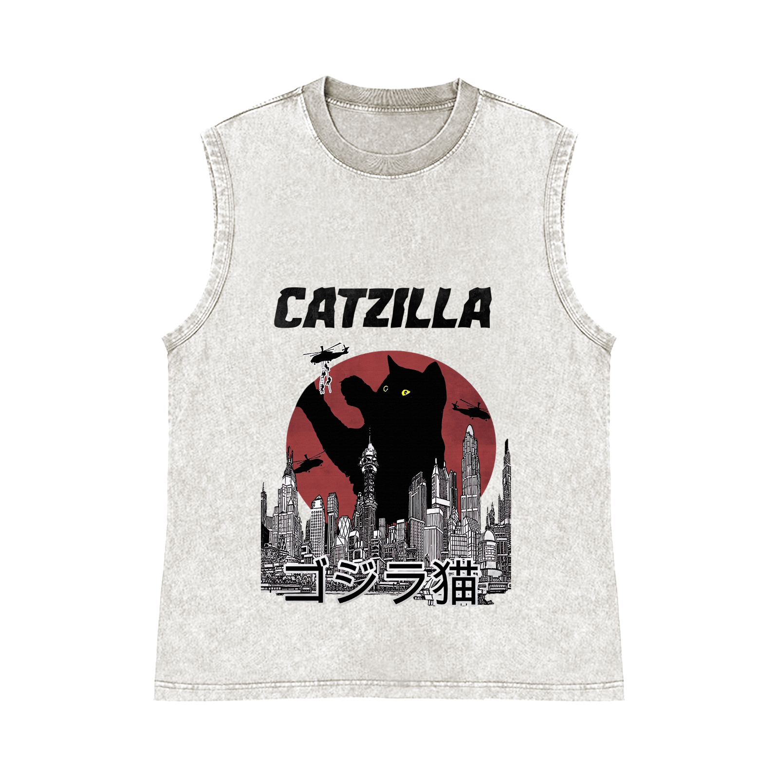 Catzilla Cat Kaiju Pure Cotton Wash-Dyed Sleeveless Tank Top