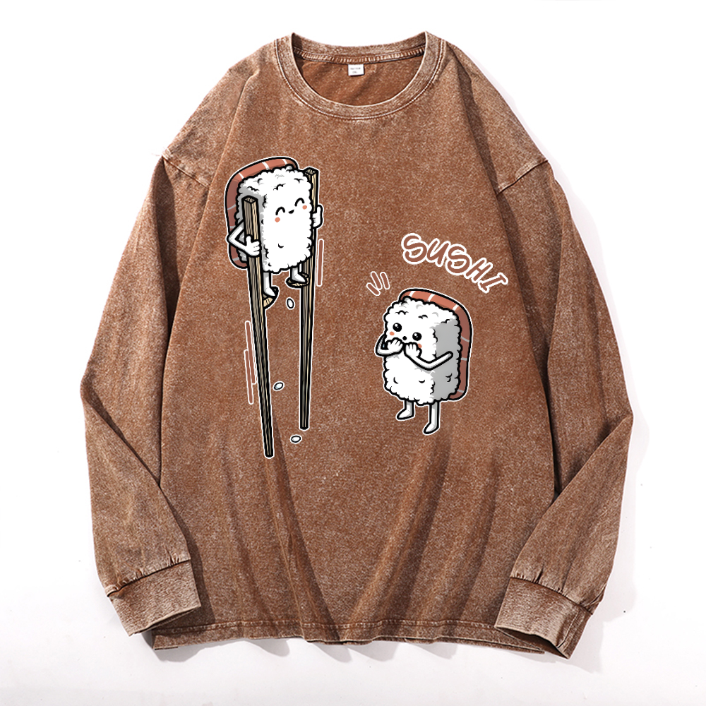Sushi Vintage Cotton Wash Crewneck Long-Sleeve T-Shirt