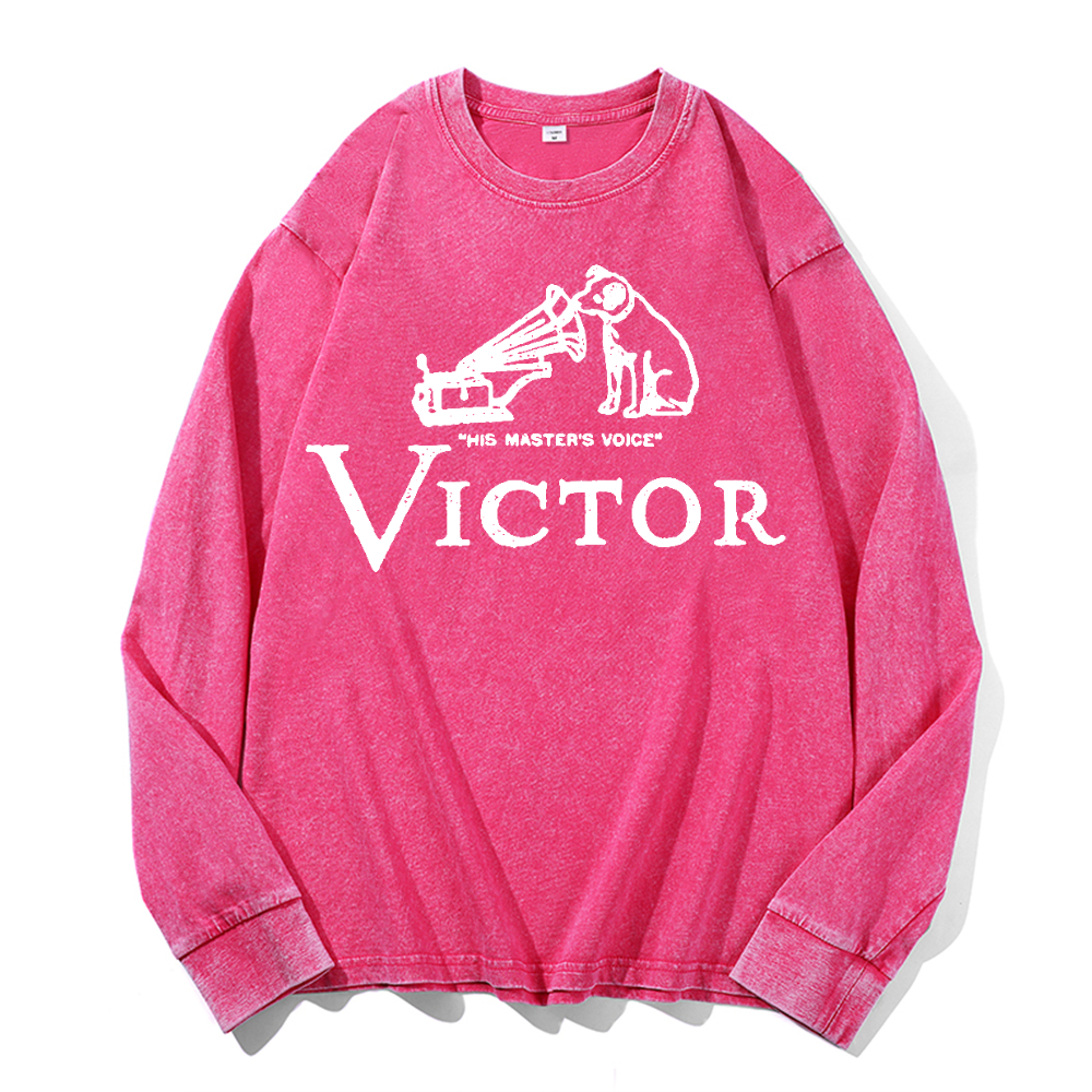 JVC Victor Dog Vintage Cotton Wash Crewneck Long-Sleeve T-Shirt