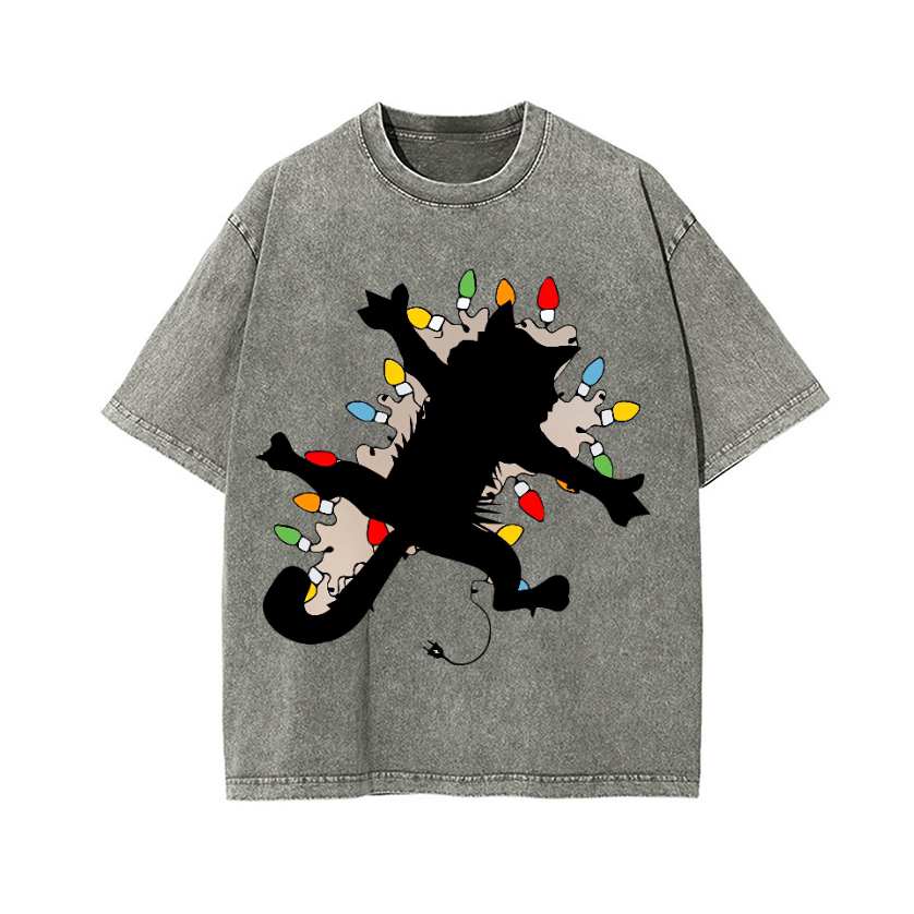 Cat Silhouette and Colorful Bulbs Vintage Wash Japanese Design T-Shirt