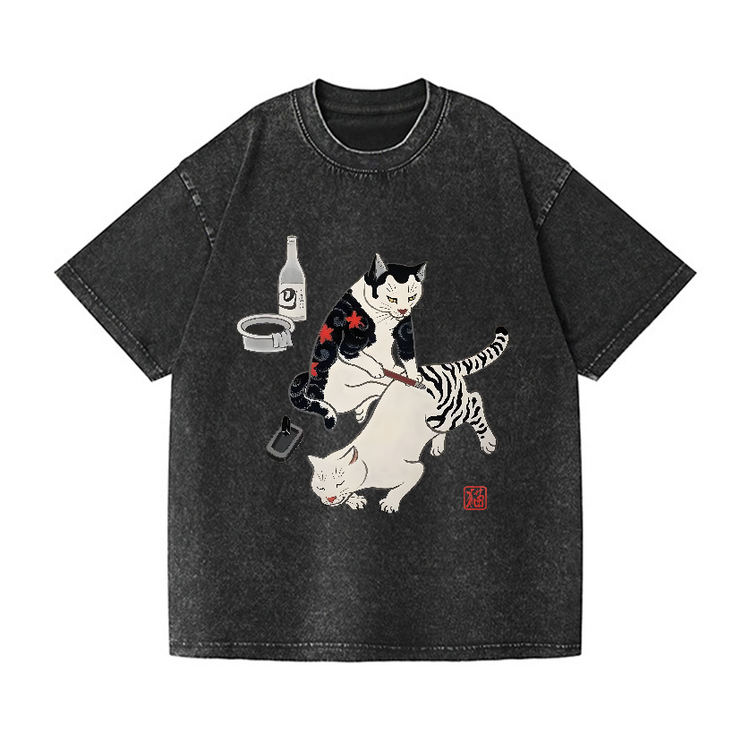 Tattoo Cat Vintage Wash Japanese Design T-Shirt