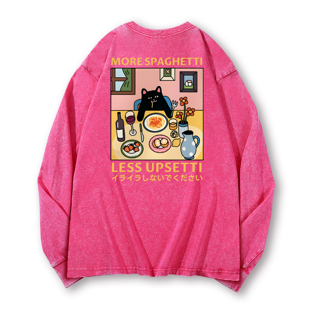 Spaghetti Cat Vintage Washed Cotton Back Art Long-sleeve T-shirt