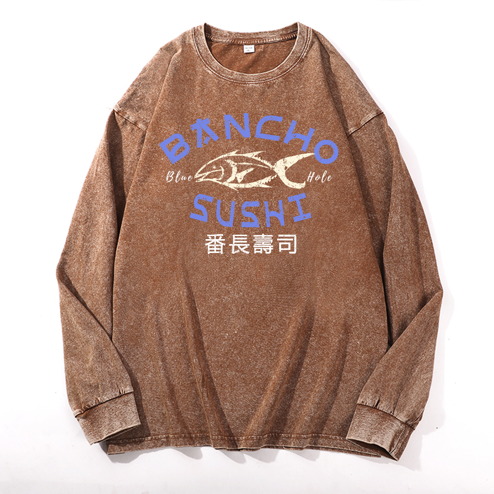 Bancho Sushi Vintage Cotton Wash Crewneck Long-Sleeve T-Shirt