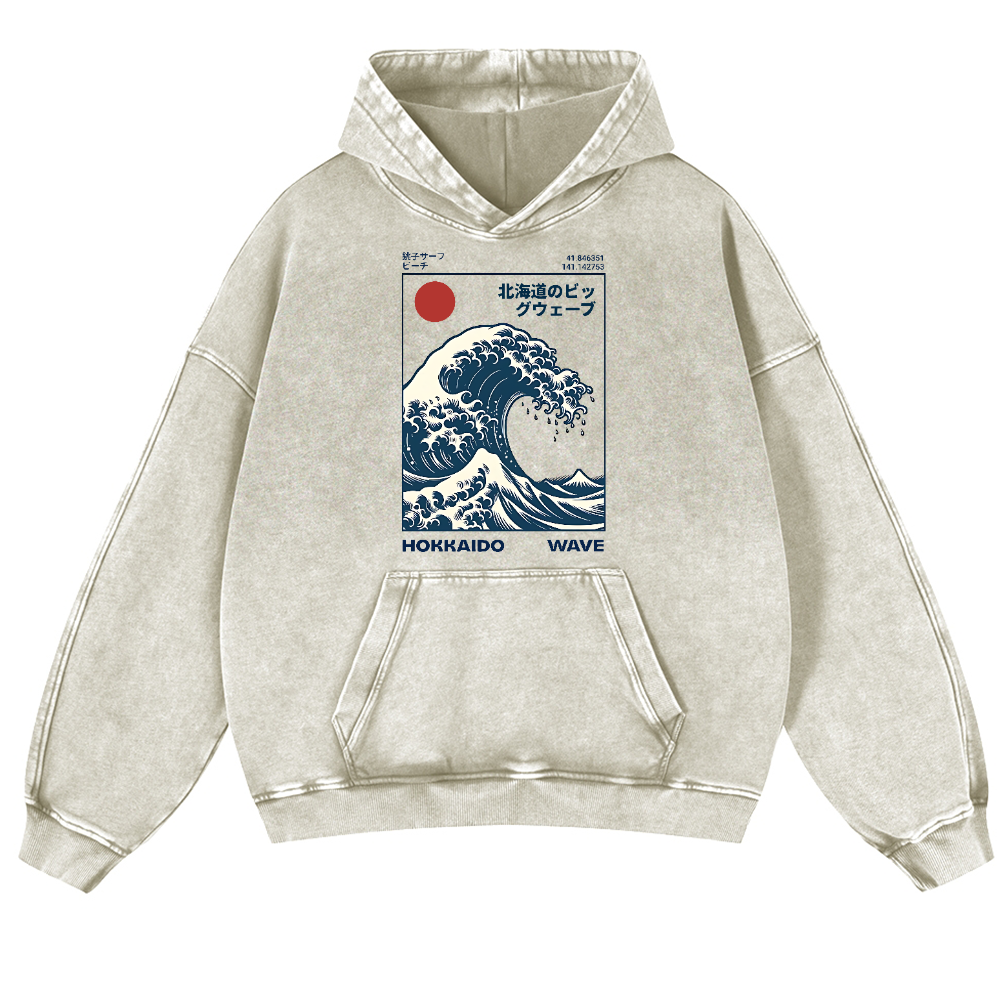 Hokkaido The Great Wave off Kanagawa Ukiyoe Vintage Washed Thick Cotton Hoodie