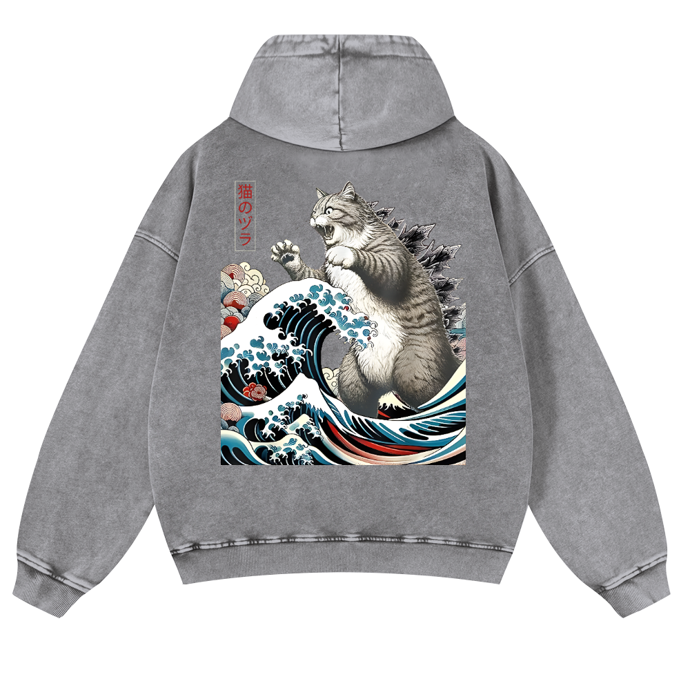 Cat Kaiju Ukiyoe Great Wave Vintage Washed Cotton Back Art Hoodie