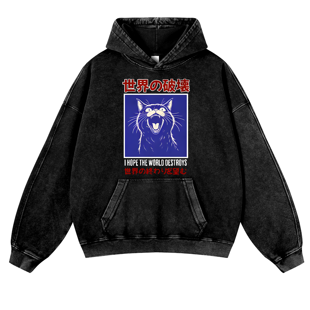 Cat Vintage Washed Thick Cotton Hoodie