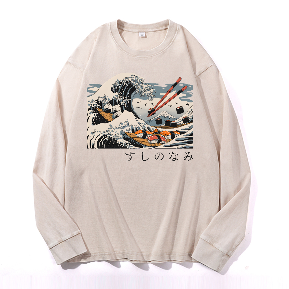 Sushi Kanagawa Vintage Cotton Wash Crewneck Long-Sleeve T-Shirt