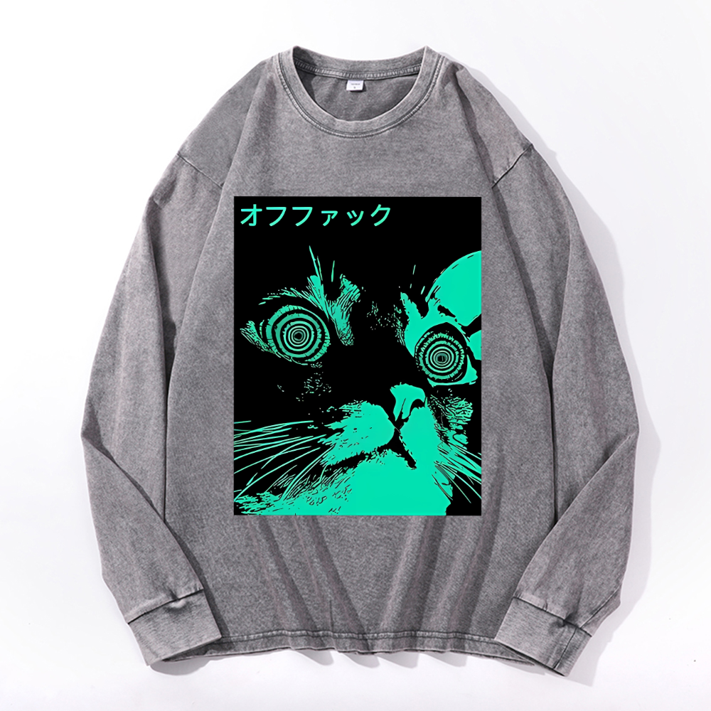 Enigmatic Cat Eyes Vintage Cotton Wash Crewneck Long-Sleeve T-Shirt