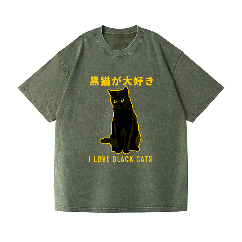 Black Cat Vintage Wash Japanese Design T-Shirt