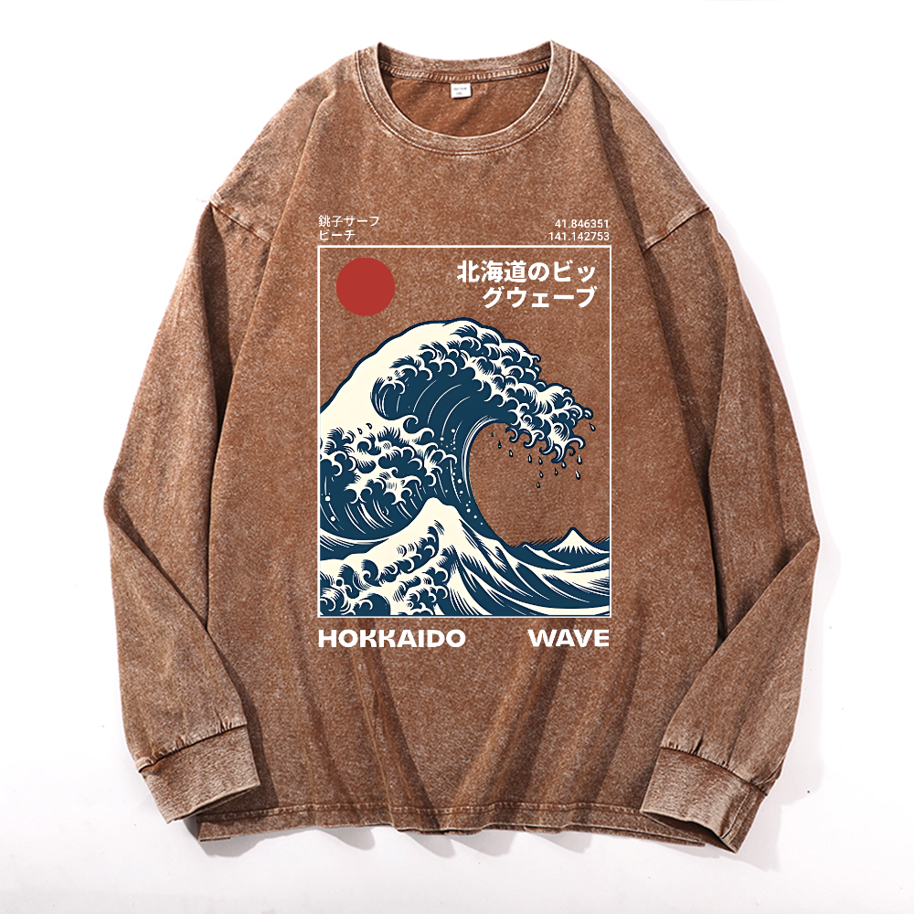 Hokkaido Wave Ukiyoe Vintage Cotton Wash Crewneck Long-Sleeve T-Shirt