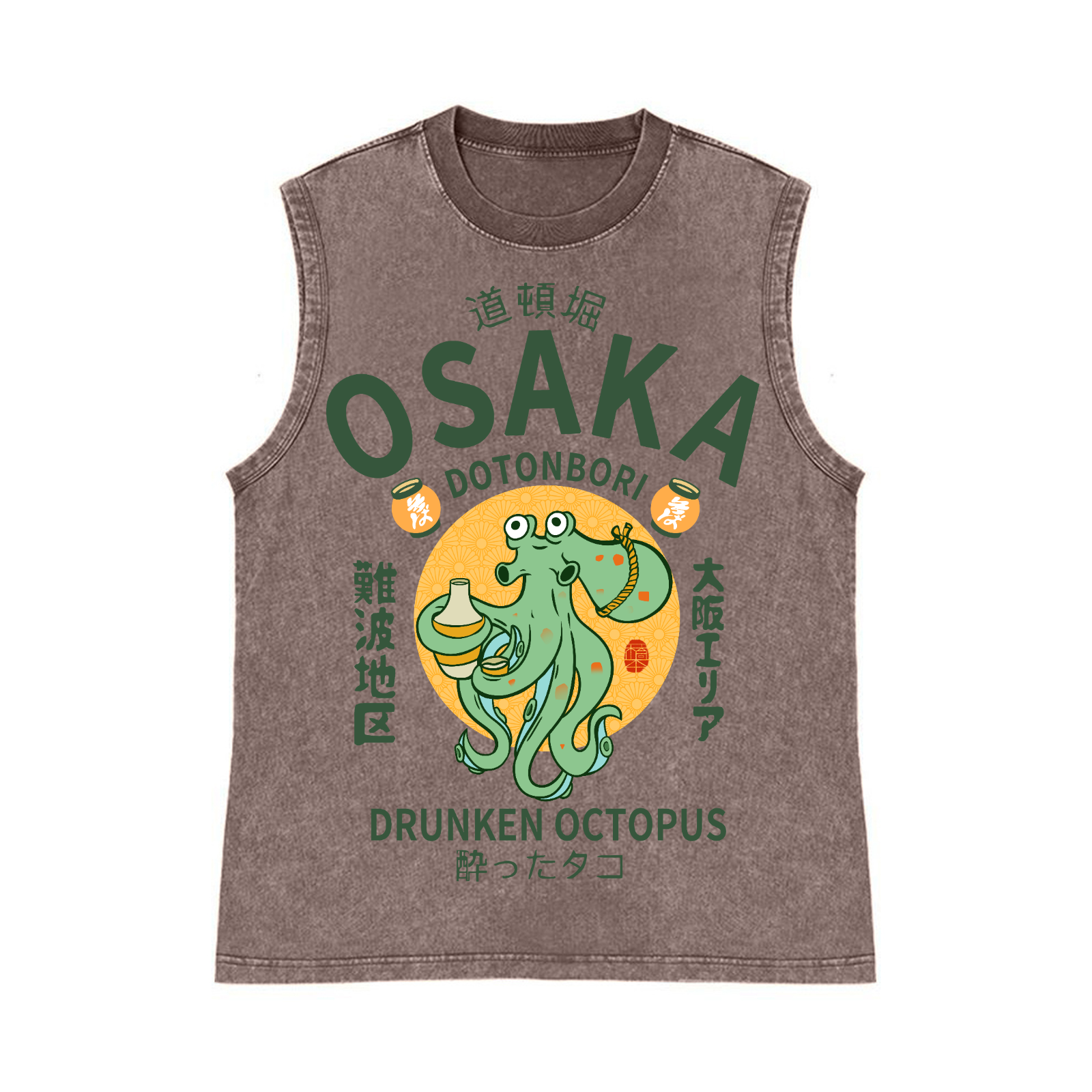 Osaka Dotonbori Drunken Octopus Pure Cotton Wash-Dyed Sleeveless Tank Top