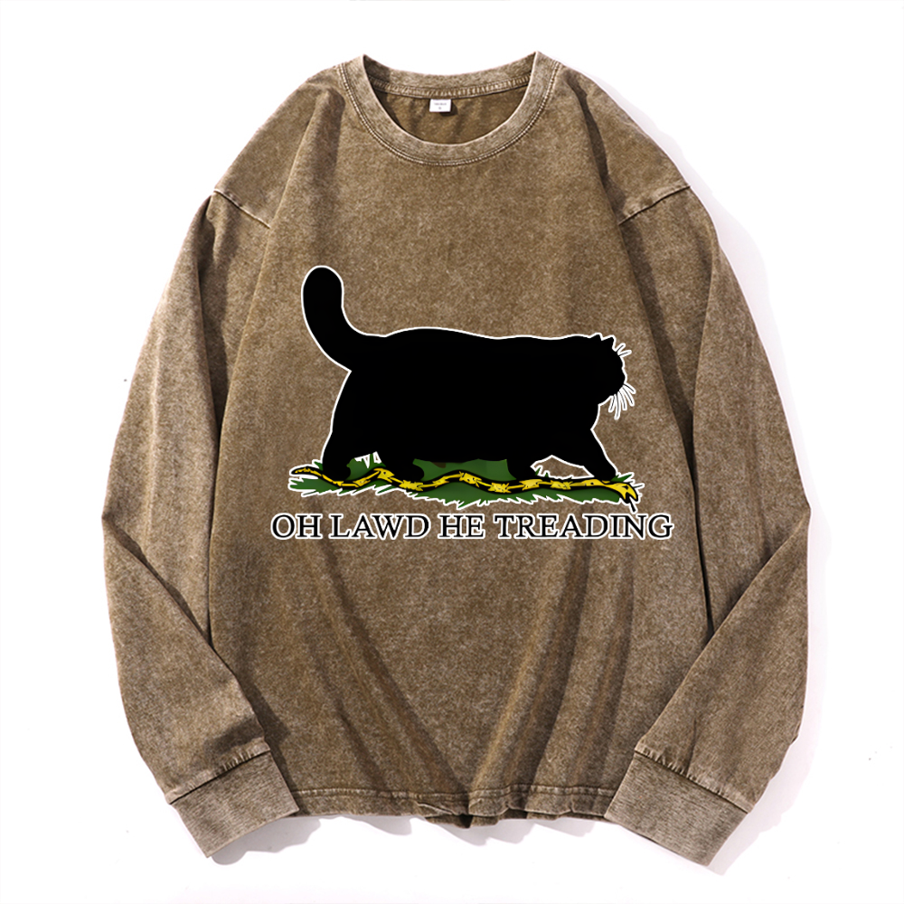 Black Cat Vintage Cotton Wash Crewneck Long-Sleeve T-Shirt