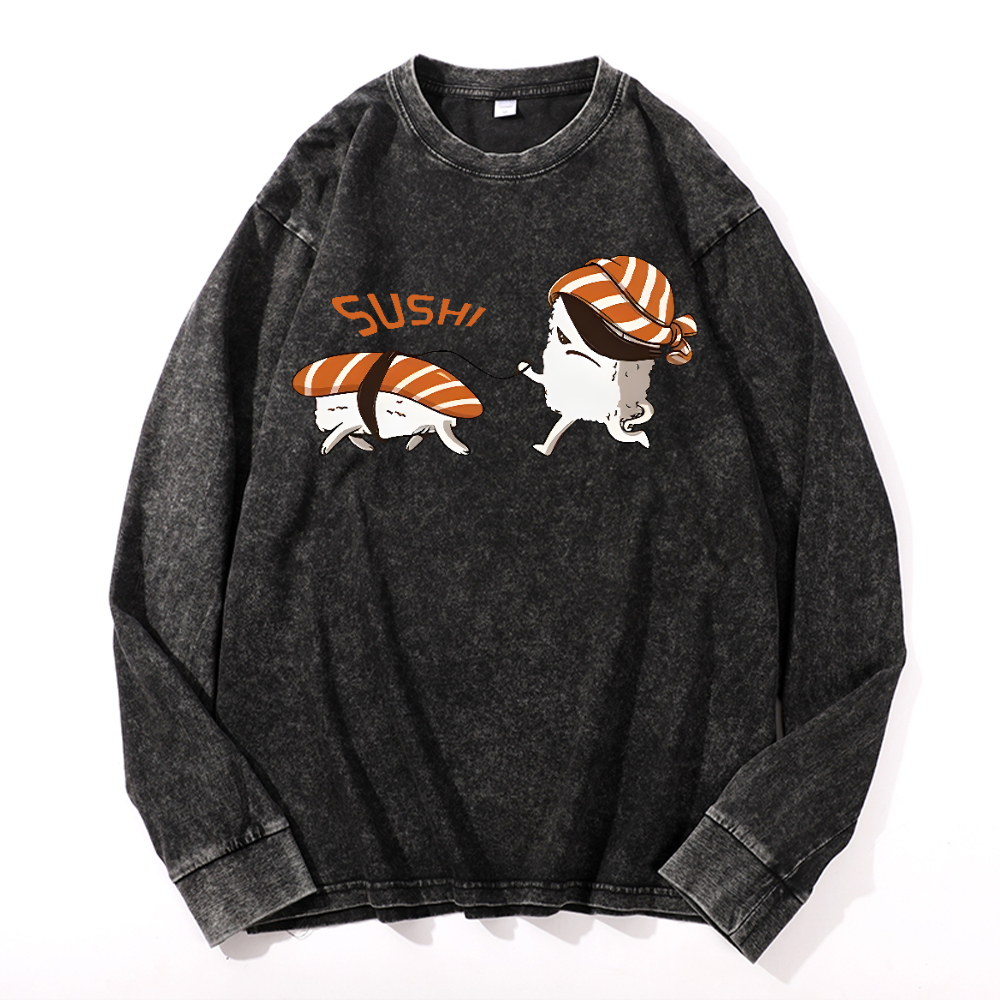 Sushi Vintage Cotton Wash Crewneck Long-Sleeve T-Shirt