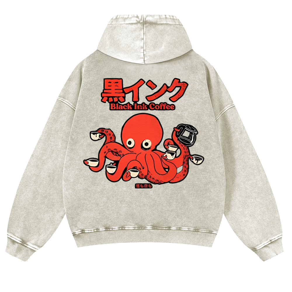 Black Ink Coffee Octopus Vintage Washed Cotton Back Art Hoodie