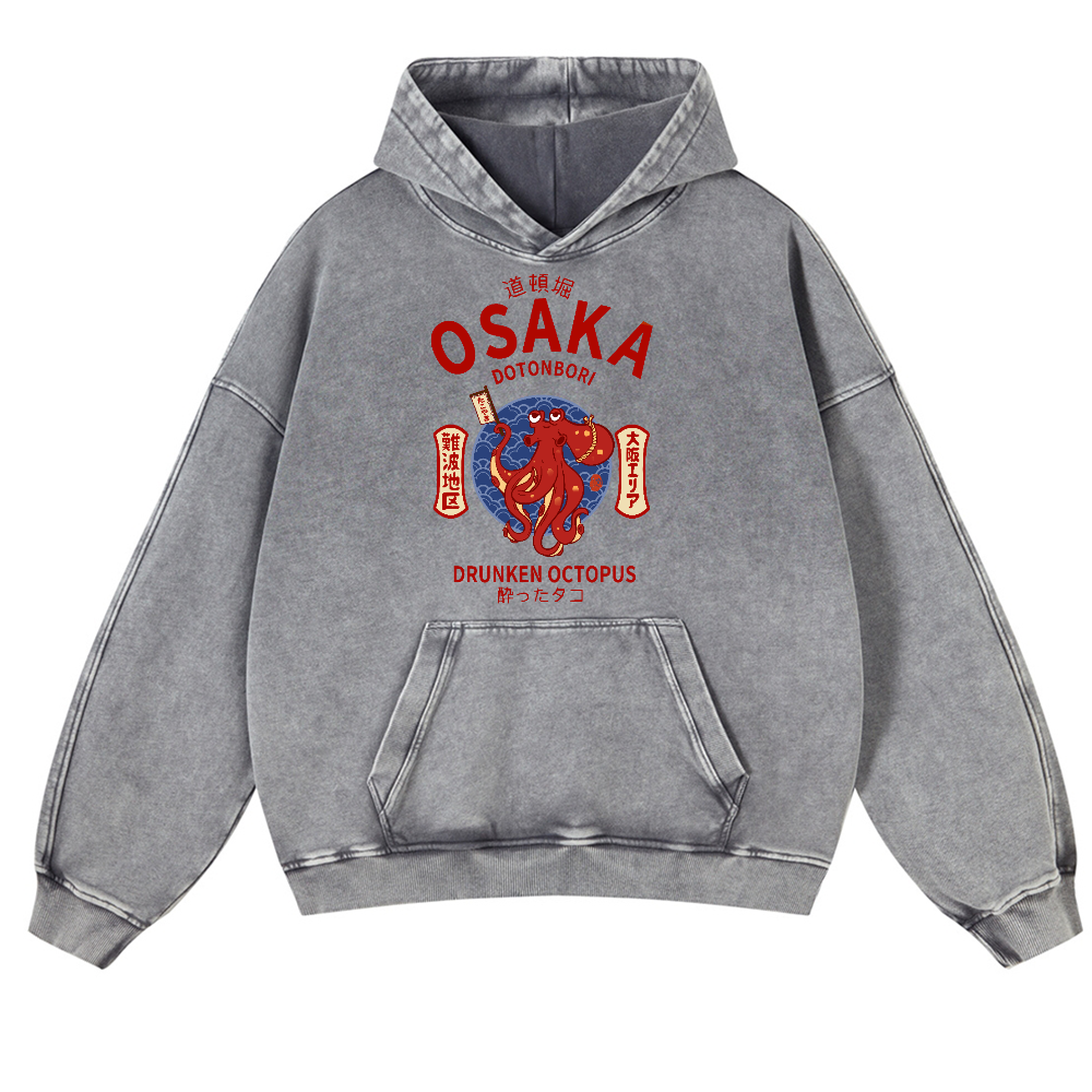 Osaka Dotonbori Drunken Octopus Vintage Washed Thick Cotton Hoodie