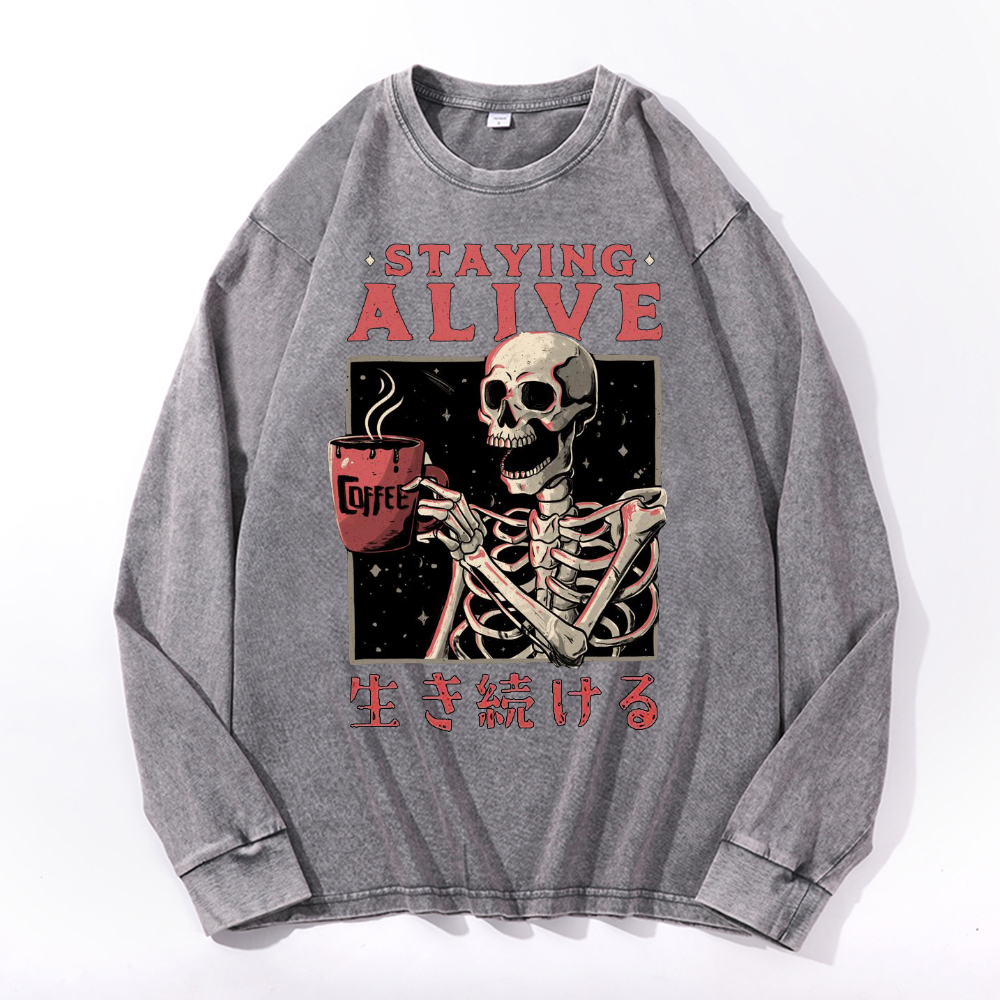 Staying Alive Vintage Cotton Wash Crewneck Long-Sleeve T-Shirt