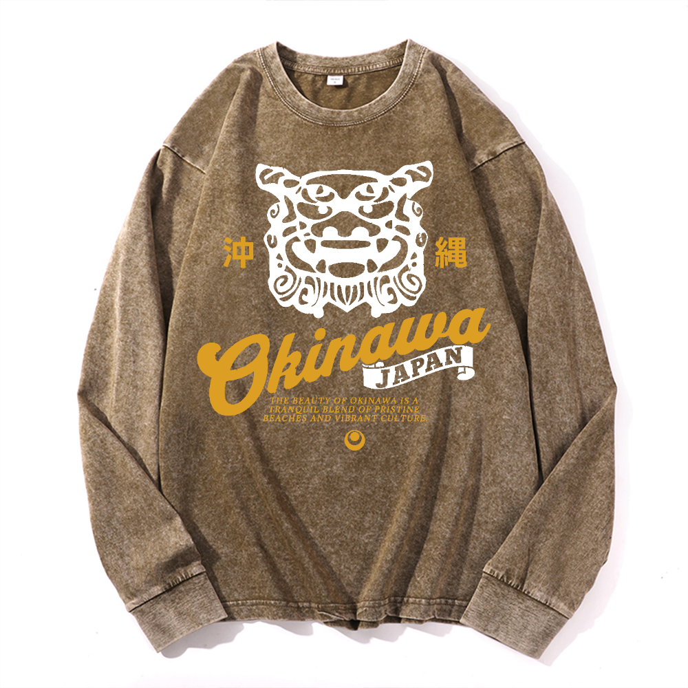 Okinawa Shisa Vintage Cotton Wash Crewneck Long-Sleeve T-Shirt