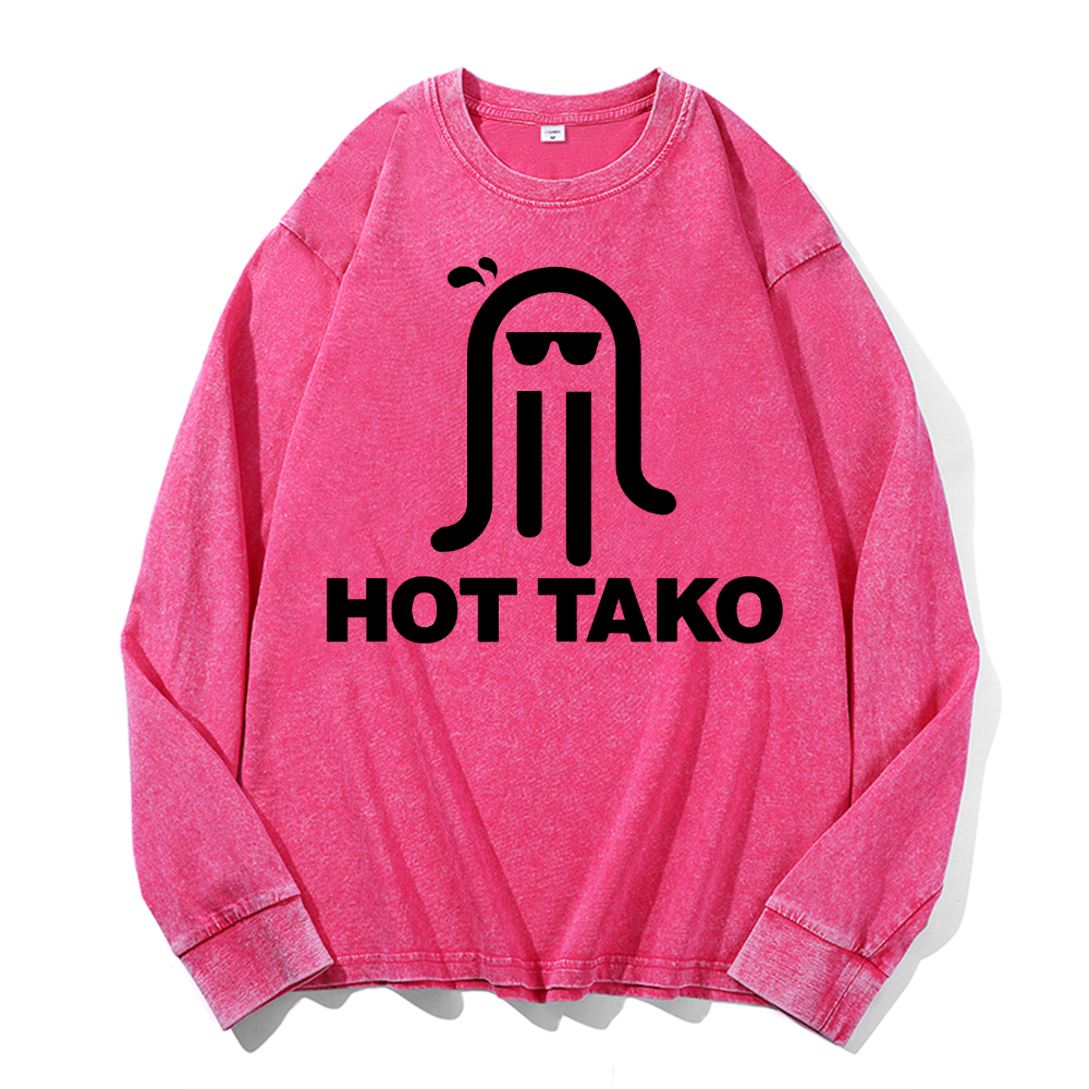 Hot Tako Octopus Vintage Cotton Wash Crewneck Long-Sleeve T-Shirt