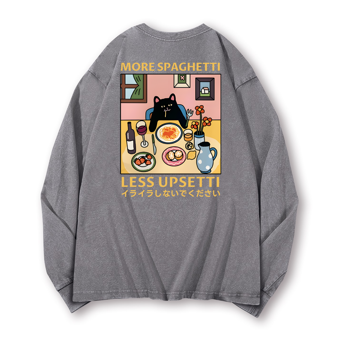 Spaghetti Cat Vintage Washed Cotton Back Art Long-sleeve T-shirt