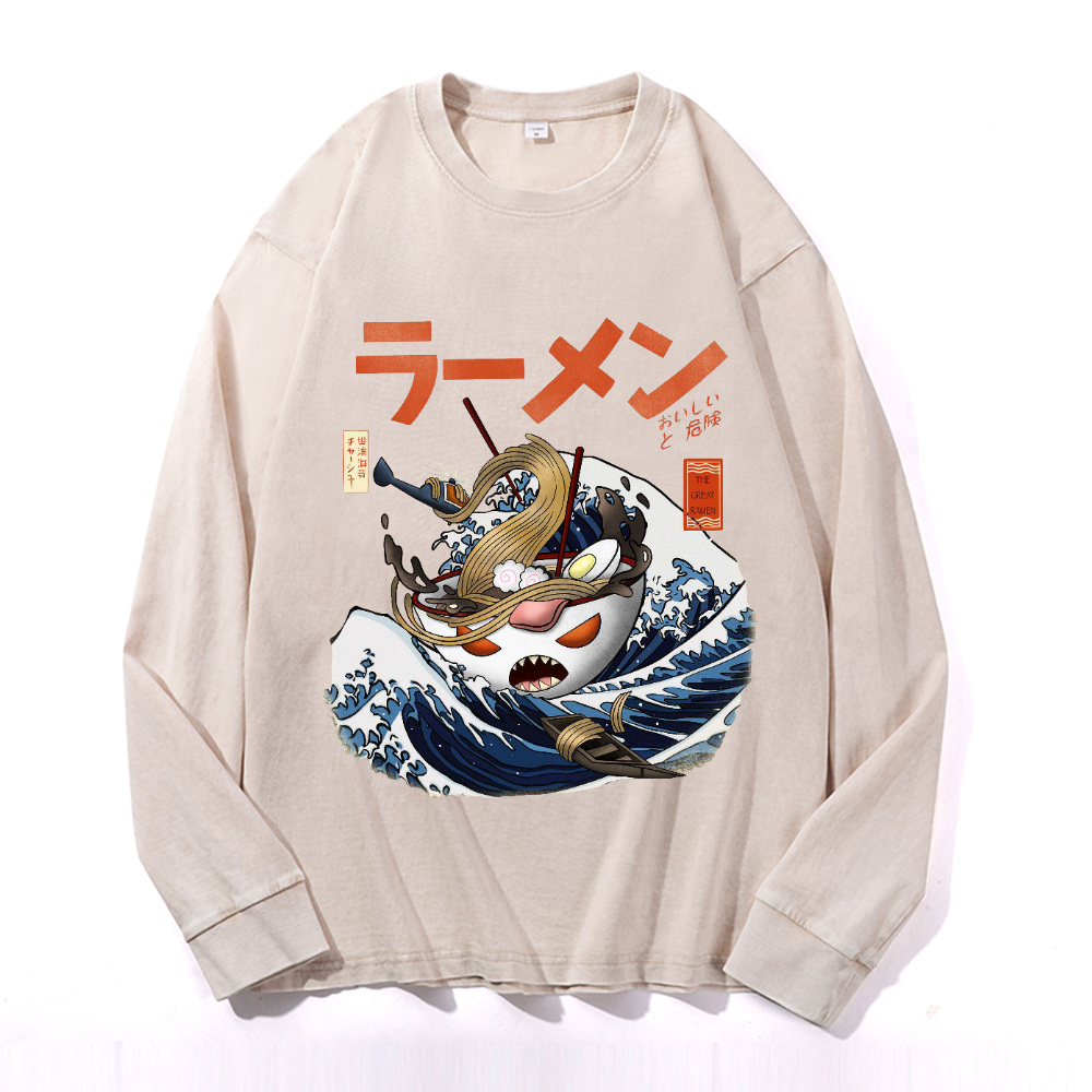 Ramen Wave Vintage Cotton Wash Crewneck Long-Sleeve T-Shirt