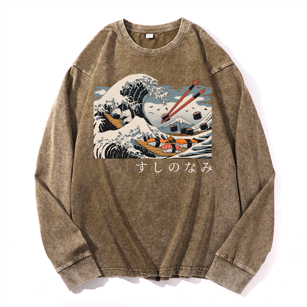 Sushi Kanagawa Vintage Cotton Wash Crewneck Long-Sleeve T-Shirt