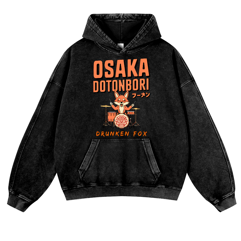 Osaka Dotonbori Drunken Fox Vintage Washed Thick Cotton Hoodie