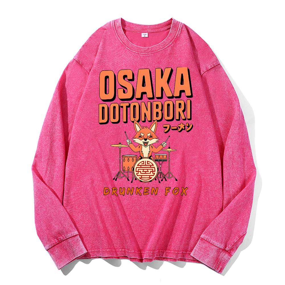 Osaka Dotonbori Drunken Fox Vintage Cotton Wash Crewneck Long-Sleeve T-Shirt