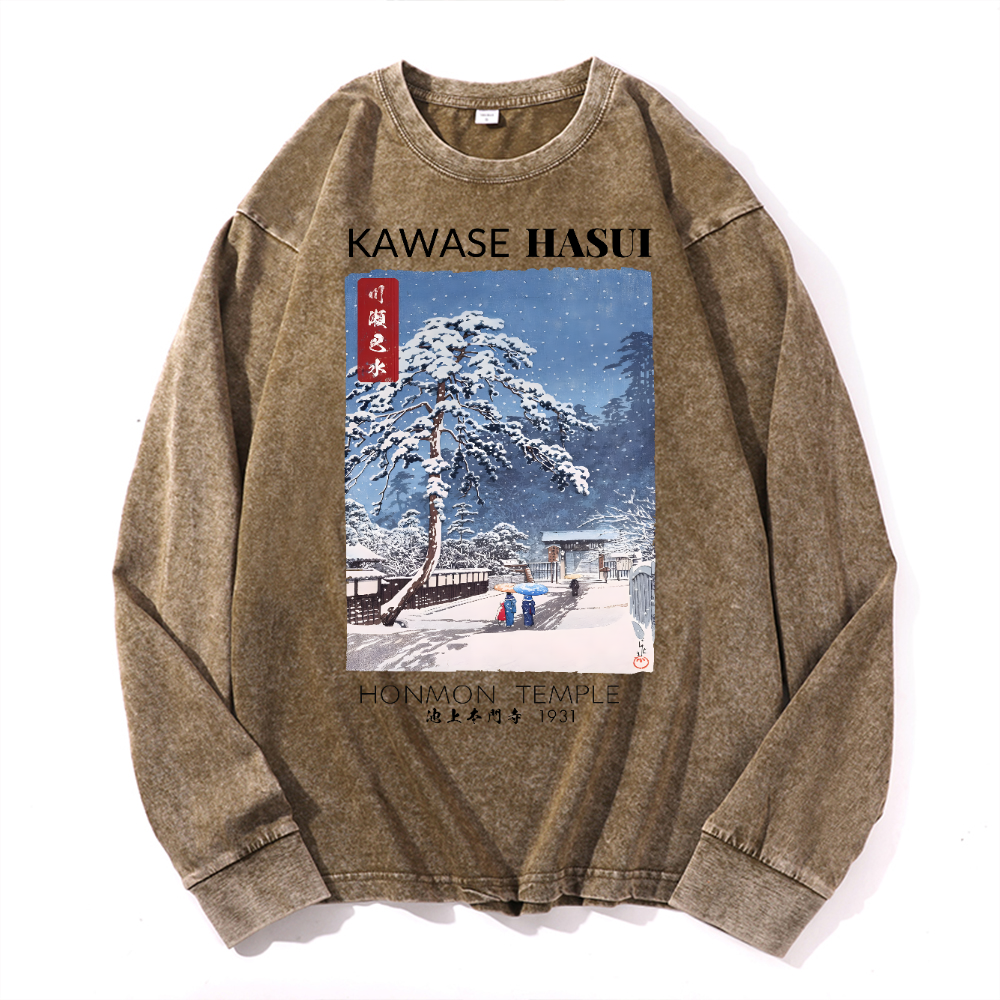 Honmon Temple Vintage Cotton Wash Crewneck Long-Sleeve T-Shirt