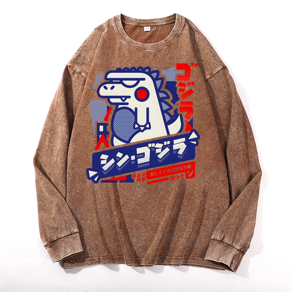 Kaiju Vintage Cotton Wash Crewneck Long-Sleeve T-Shirt