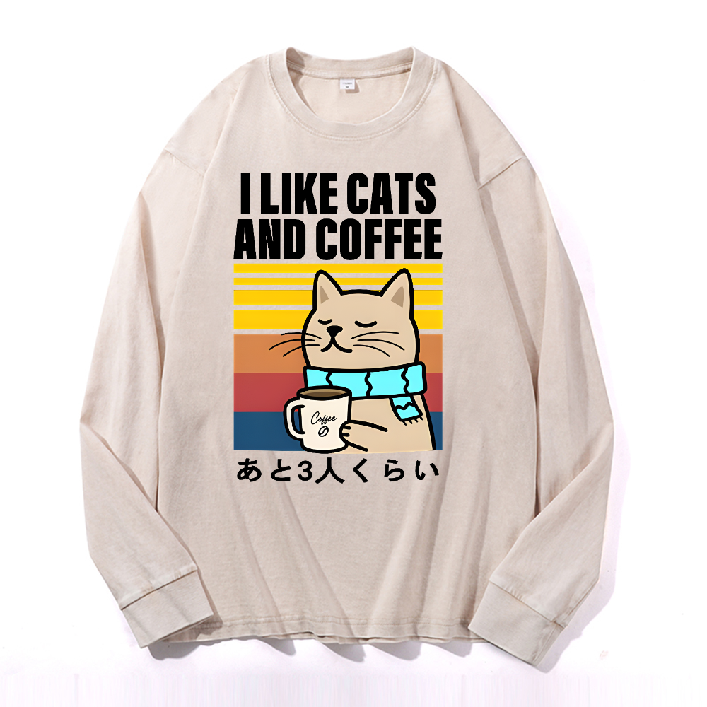 Cat Coffee Vintage Cotton Wash Long-sleeve T-shirt