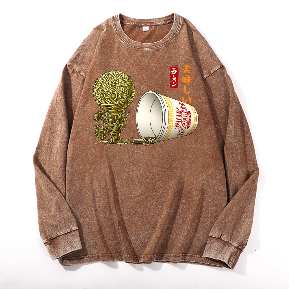 Cup Noodle Mummy Vintage Cotton Wash Crewneck Long-Sleeve T-Shirt