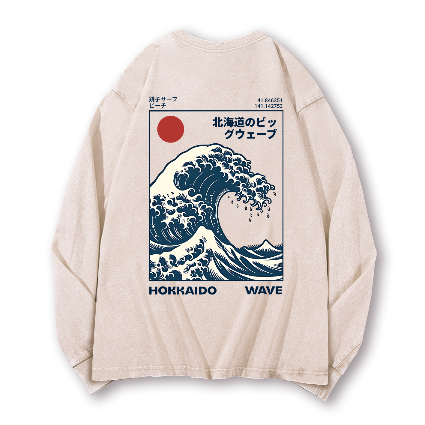 Hokkaido Wave Ukiyoe Vintage Washed Cotton Back Art Long-sleeve T-shirt