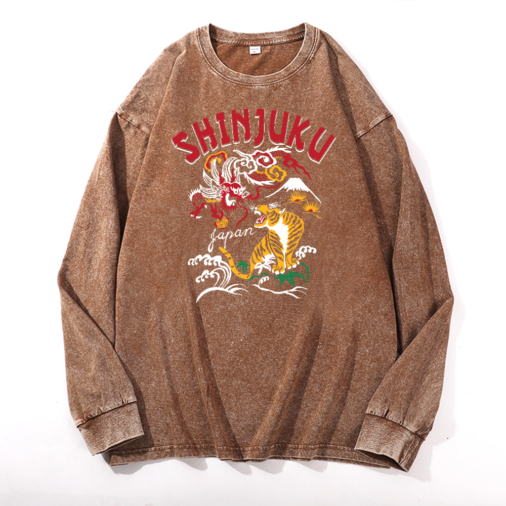 Shinjuku Tiger Vintage Cotton Wash Crewneck Long-Sleeve T-Shirt