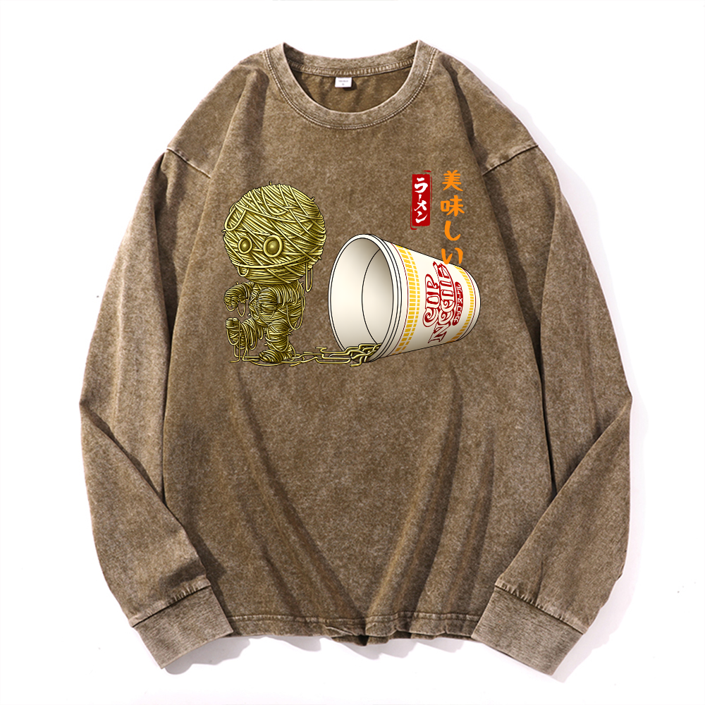 Cup Noodle Mummy Vintage Cotton Wash Crewneck Long-Sleeve T-Shirt