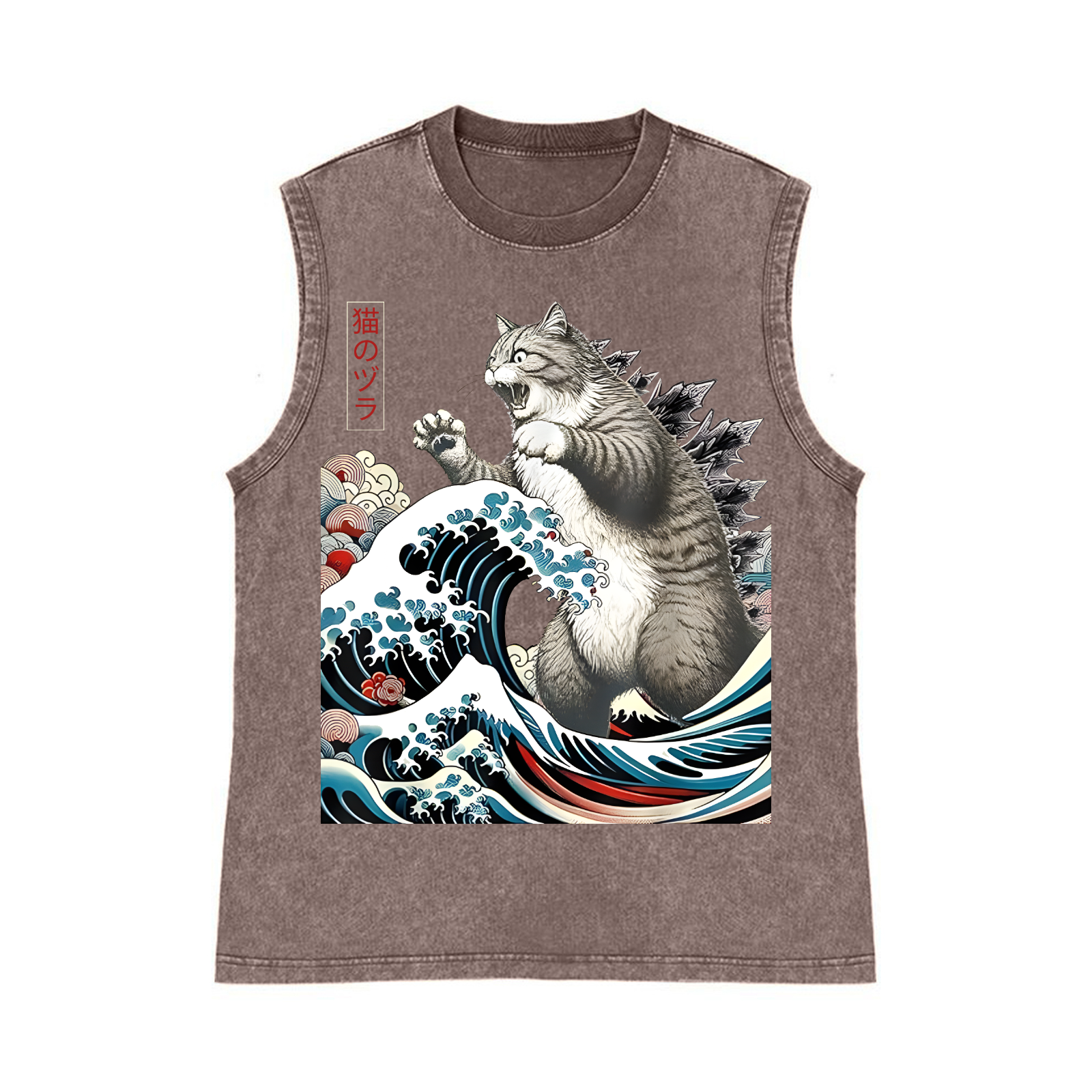Cat Kaiju Ukiyoe Great Wave Pure Cotton Wash-Dyed Sleeveless Tank Top