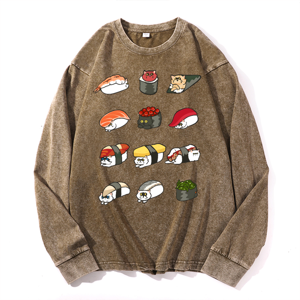 Sushi Cat Vintage Cotton Wash Crewneck Long-Sleeve T-Shirt