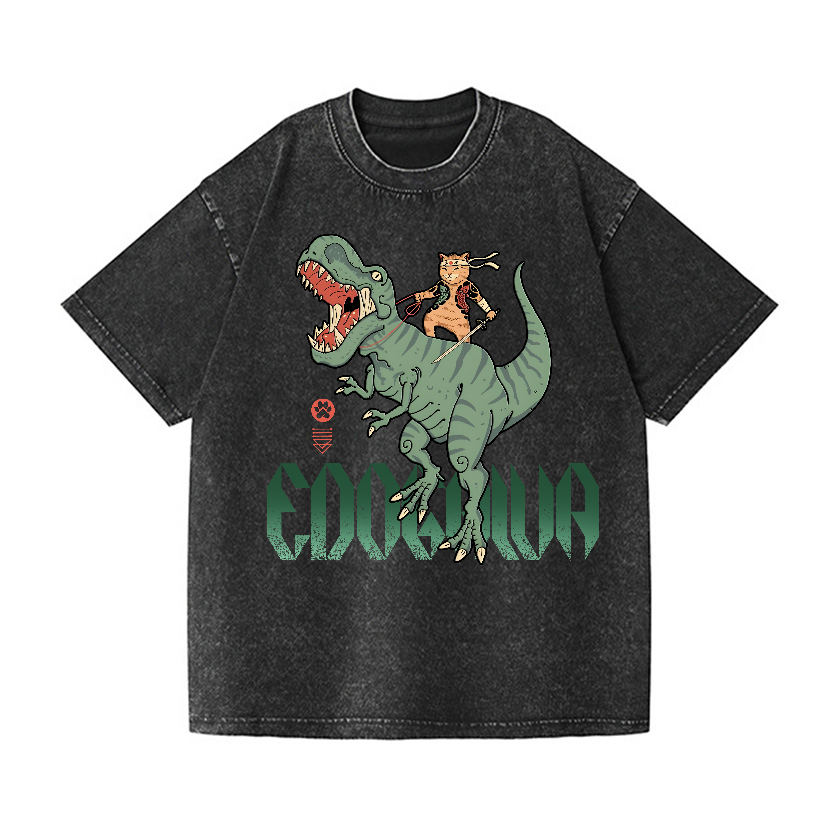 Cat T-Rex Vintage Wash Japanese Design T-Shirt