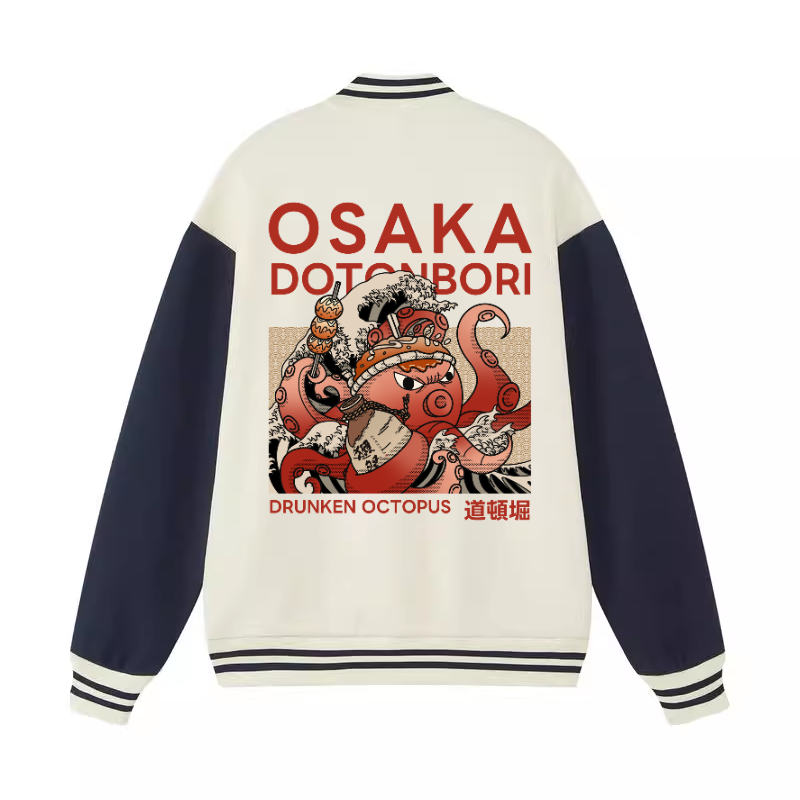 Osaka Dotonbori Drunken Octopus Vintage Cotton Varsity Jacket