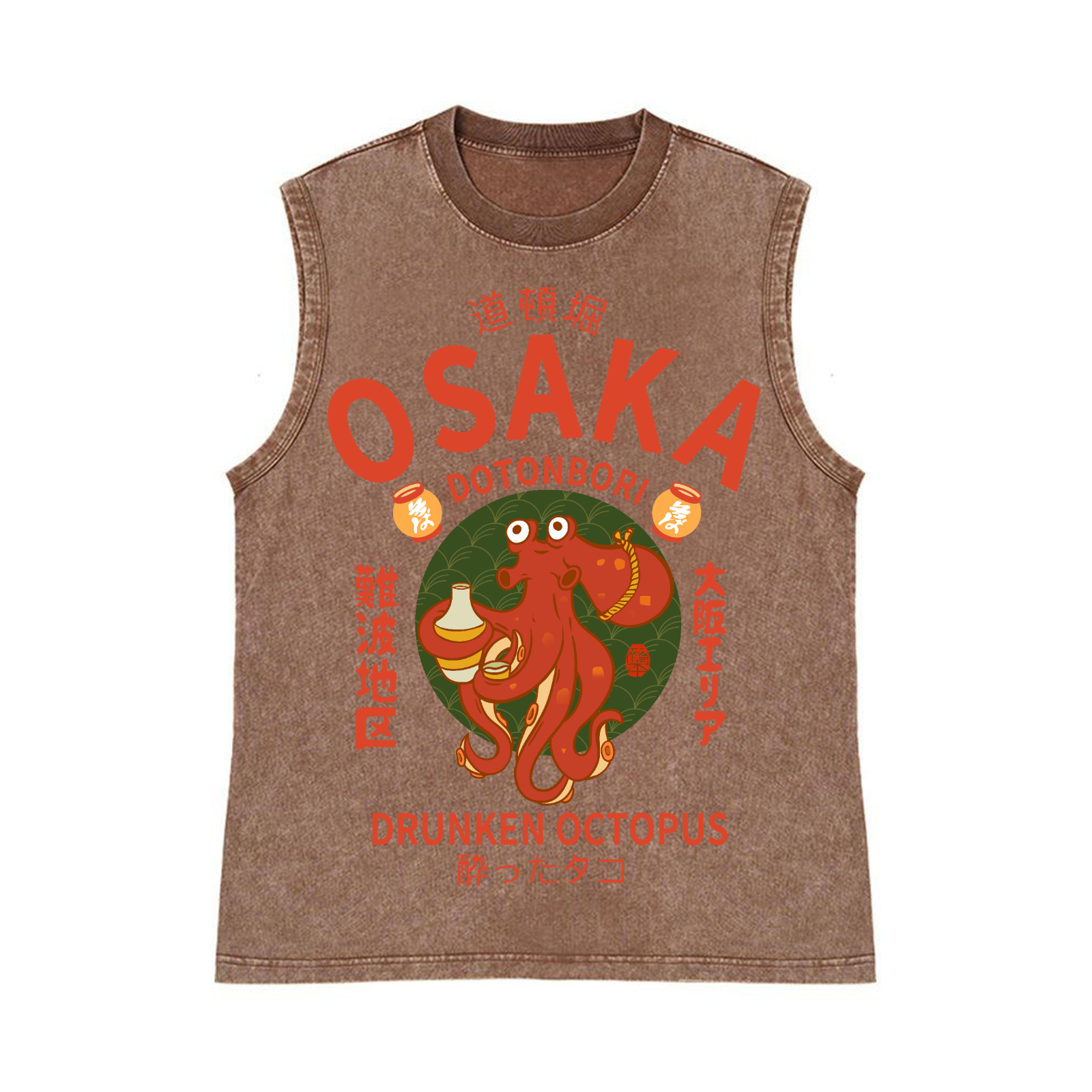 Osaka Dotonbori Drunken Octopus Pure Cotton Wash-Dyed Sleeveless Tank Top