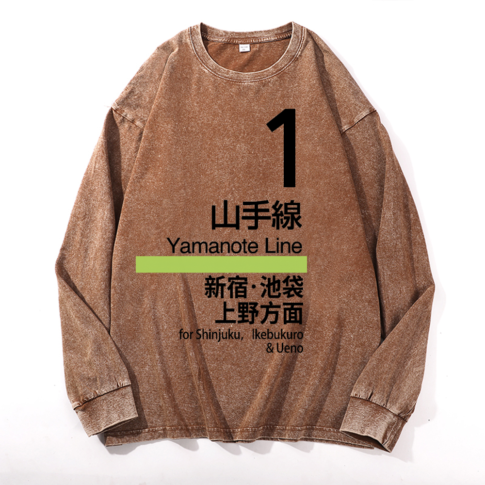 Yamanote Line for Shinjuku & Ikebukuro & Ueno Vintage Cotton Wash Crewneck Long-Sleeve T-Shirt