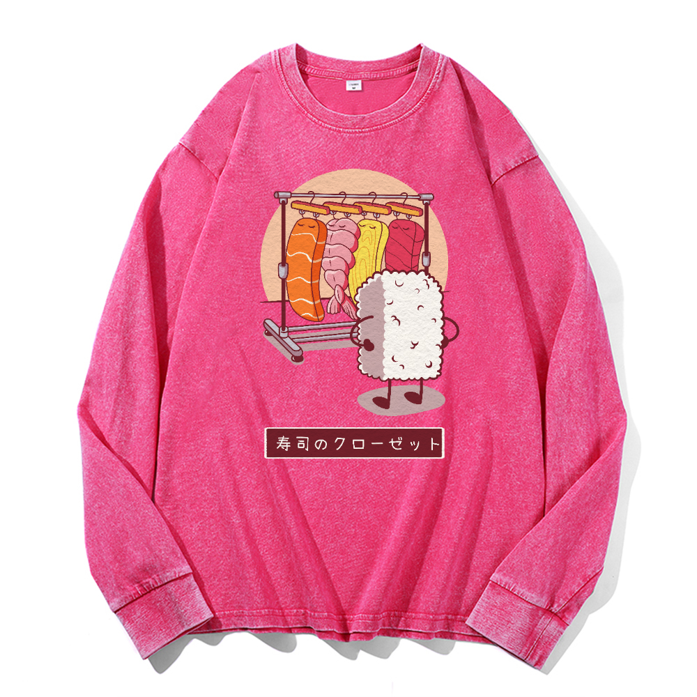 Sushi Vintage Cotton Wash Crewneck Long-Sleeve T-Shirt